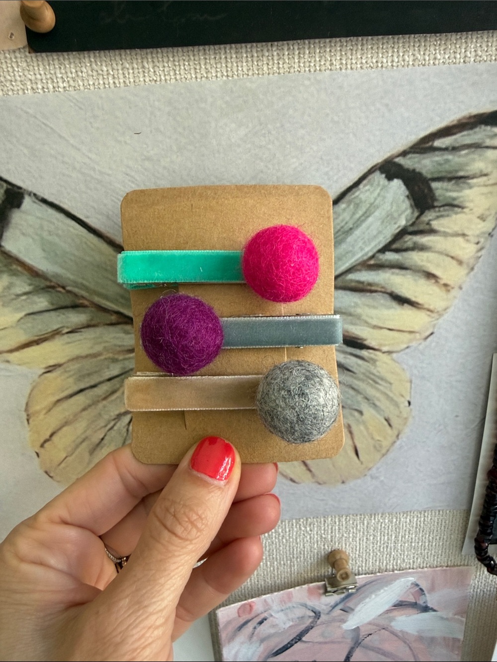 New set of three velvet and Pom Pom hair clips